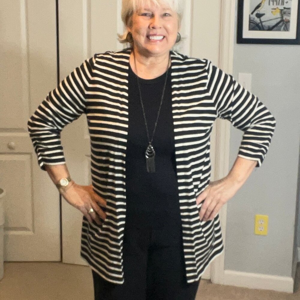 Rafaella Black & White Striped Open Front Cardigan Jacket, size large, cotton